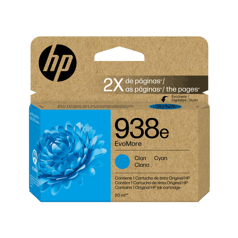 Cartucho de Tinta HP 938 (4S6X9PL) Cian EvoMore Doble Capacidad 20ml - Impresión confiable y de calidad para empresas.